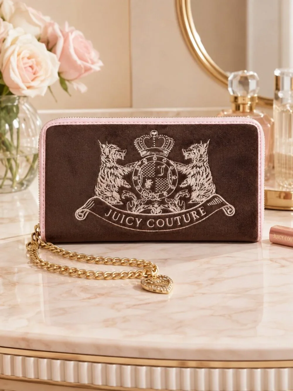 Juicy Couture Velour Zip Around Wallet Wristlet Brown Pink Chain NWT